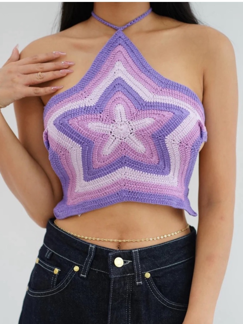 House of Sunny Lavender & Light Purple Star Crochet Halter Top